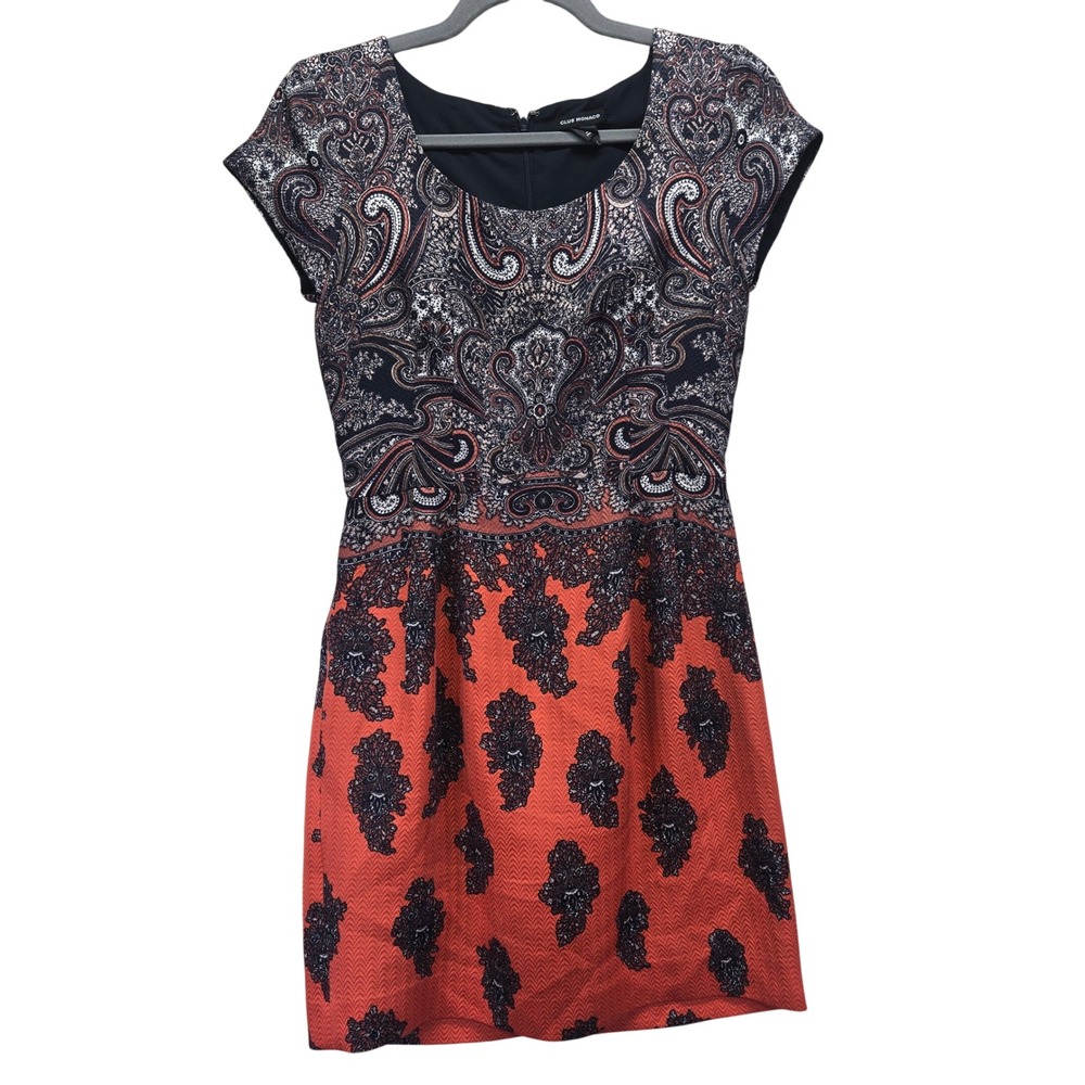 Club‎ Monaco Raeanne Silk Wool Paisley Damask Print Sheath Dress Orange Navy 00
